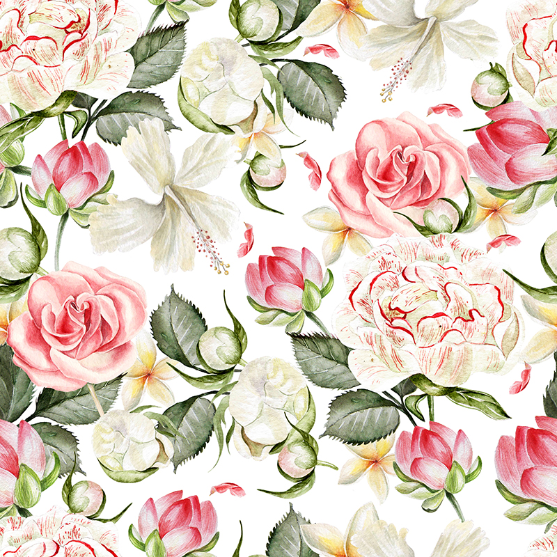 Bright watercolor seamless pattern with flowers peony, lotus, rose and plumeria.